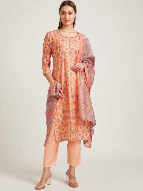

Neerus Women Peach-Coloured Tribal Printed Kurta with Trousers & Dupatta