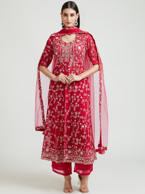 

Neerus Women Magenta Ethnic Motifs Layered Aari Work Kurti with Trousers & With Dupatta