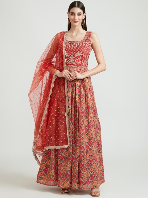 

Neerus Women Red Ethnic Motifs Embroidered Anarkali & Solid Leggings With Dupatta