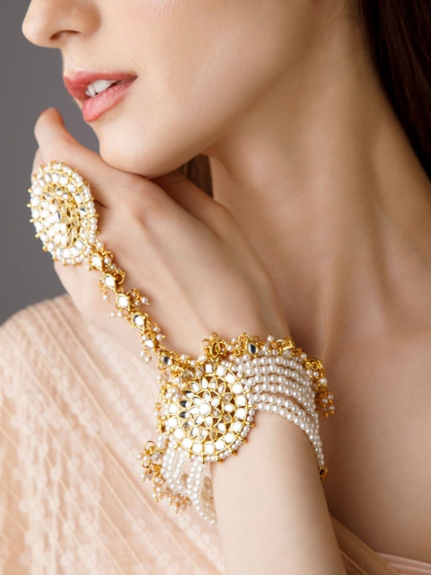

Rubans Women Gold-Plated White Kundan Studded & Beaded Ring Bracelet
