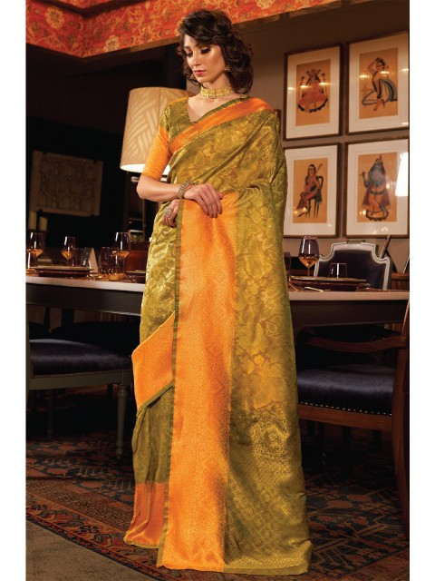 

LABEL AARNA Green & Orange Ethnic Motifs Zari Art Silk Banarasi Saree