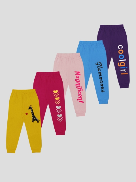 

KUCHIPOO Kids Girls Pack of 5 yellow, red, blue, pink and navy blue Solid Joggers