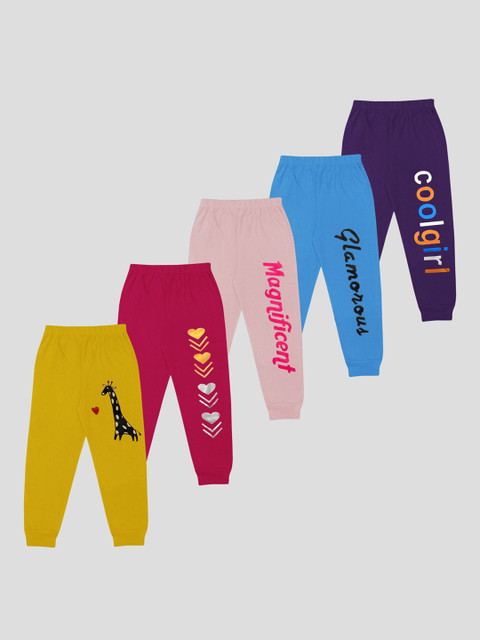 

KUCHIPOO Girls Pack Of 5 Pink, Maroon, Yellow, Blue, Purple Printed Track Pants, Multi