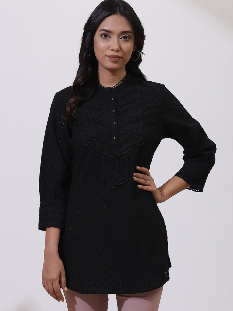 

Lakshita Black Mandarin Collar Schiffli Shirt Style Top