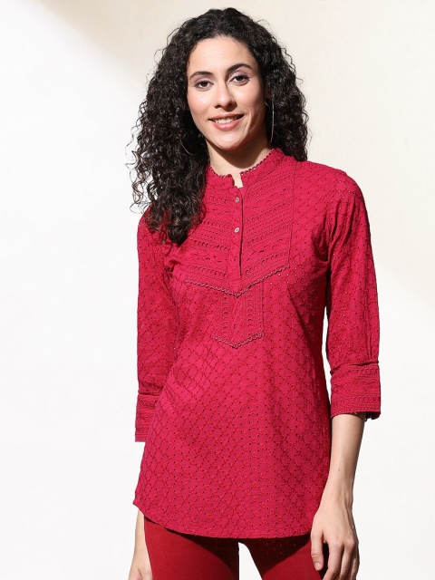 

Lakshita Women Red Mandarin Collar Schiffli Shirt Style Top