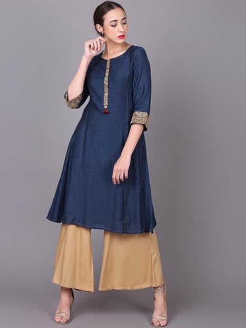 

Lakshita Women Navy Blue & Beige Ethnic Motifs Yoke Design Anarkali Kurta