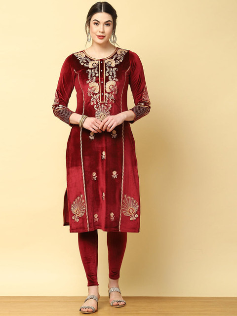 

Lakshita Women Red Ethnic Motif Embroidered Velvet Kurta