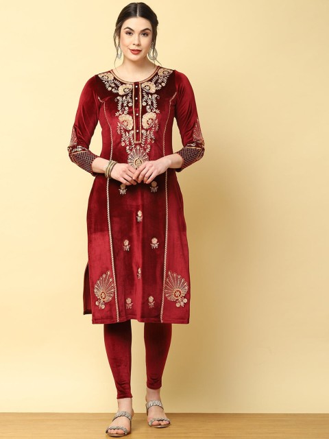 

Lakshita Women Red Ethnic Motif Embroidered Velvet Kurta