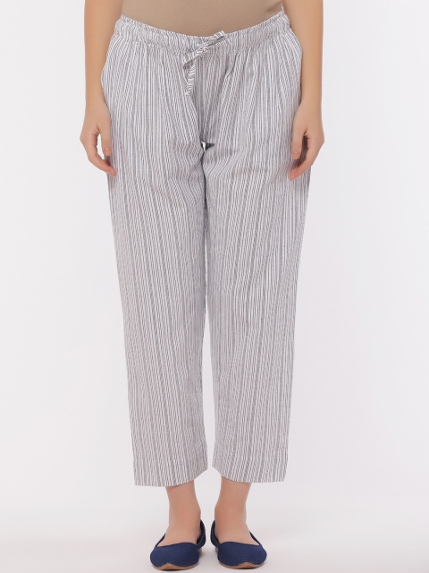 

The Mom Store Women White & Grey Striped Pure Cotton Lounge Pants