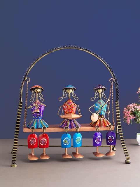 

Golden Peacock Red & Blue Handpainted Antique Swing 3 Musician Table Decor Showpieces, Multi