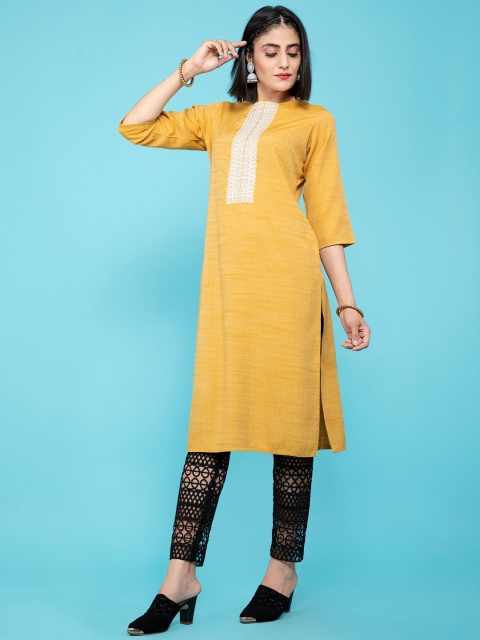 

POONAM DESIGNER Women Yellow Embroidered Straight Kurta