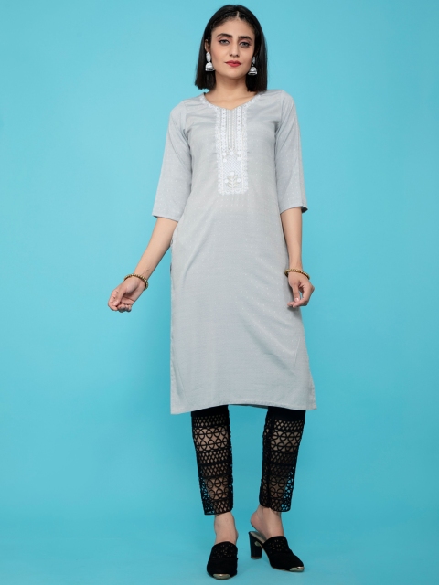 

POONAM DESIGNER Women Grey Geometric Thread Work Kurta