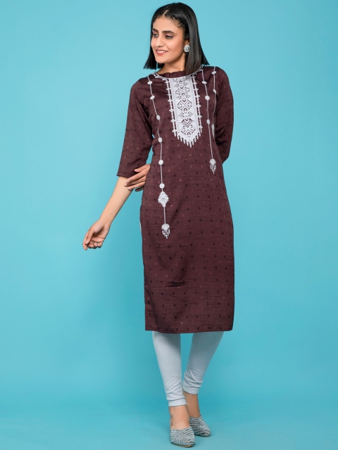 

POONAM DESIGNER Women Coffee Brown & White Geometric Yoke Design Chikankari Kurta