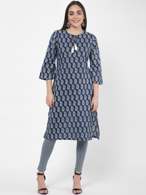 

R&B Women Blue Ethnic Motifs Printed Keyhole Neck Flared Sleeves Kurta