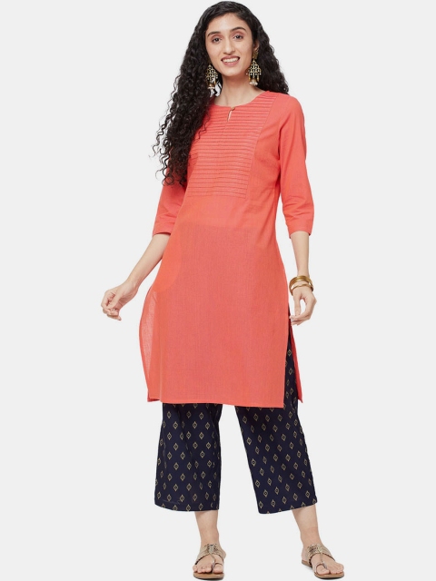 

R&B Women Orange Keyhole Neck Cotton Kurta