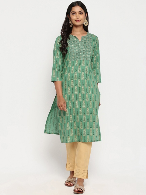 

R&B Women Green Ethnic Motifs Printed Thread Work Kurta