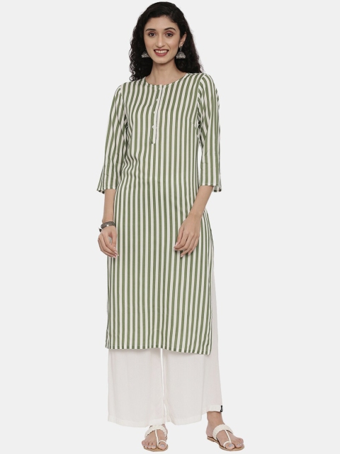 

R&B Women White & Olive Green Striped Straight Kurta