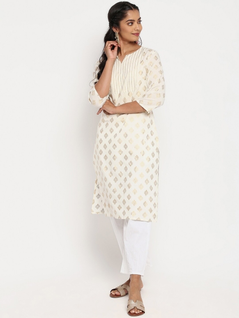 

R&B Women White Geometric Striped Keyhole Neck Thread Work Kurta
