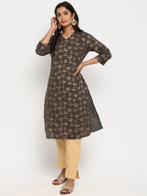 

R&B Women Brown Floral Printed Thread Work Kurta