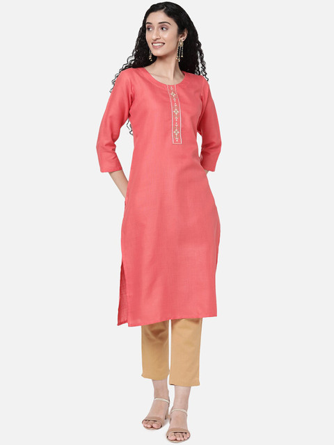 

R&B Women Peach-Coloured & Gold-Toned Ethnic Motifs Yoke Design Thread Work Pastels Kurta