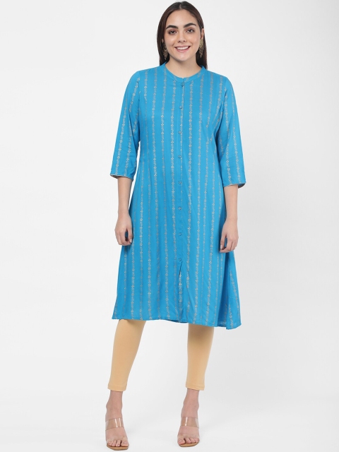 

R&B Women Blue & Gold-Toned Floral Printed Floral Kurta