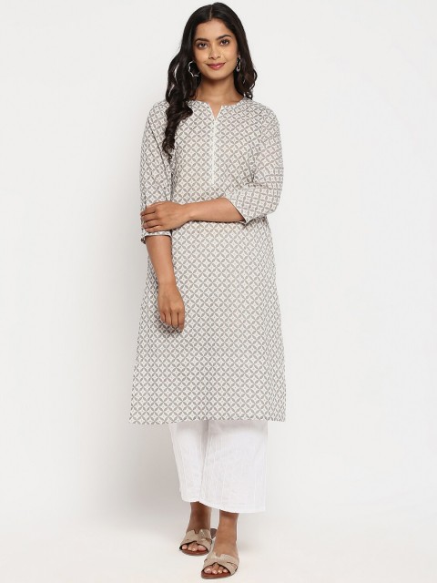 

R&B Women Grey & White Geometric Printed Straight Kurta