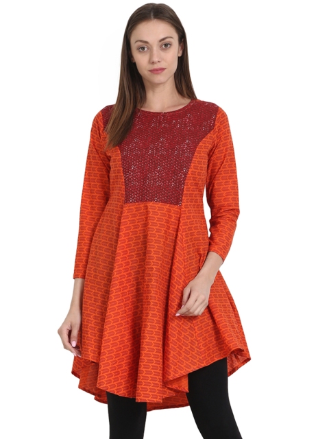 

Nayo Orange & Red Printed Pleated A-Line Tunic