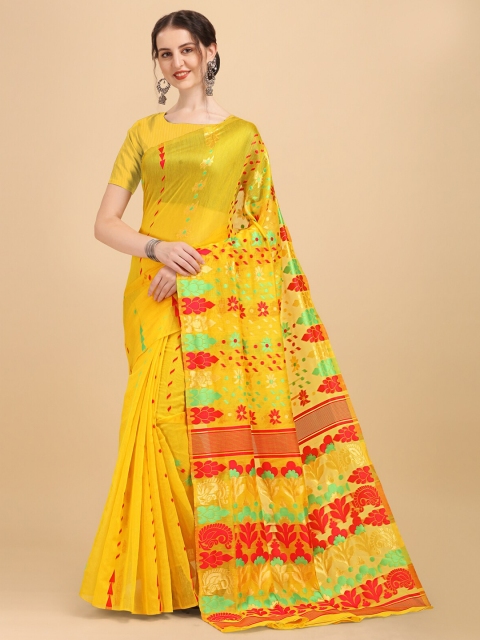 

Wuxi Yellow & Red Floral Pure Cotton Jamdani Saree