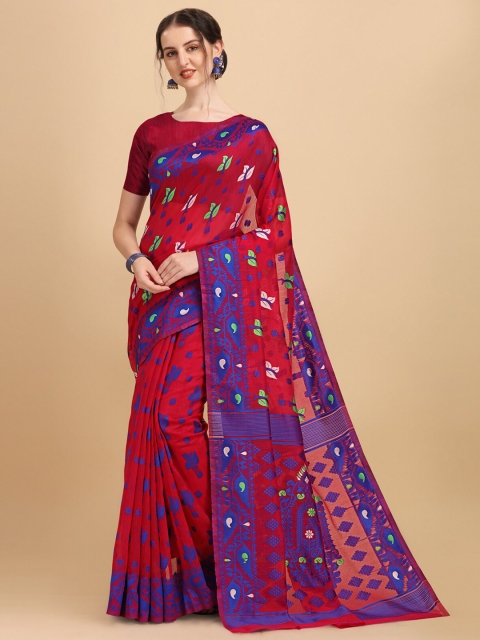 

Wuxi Red & Blue Woven Design Pure Cotton Jamdani Saree
