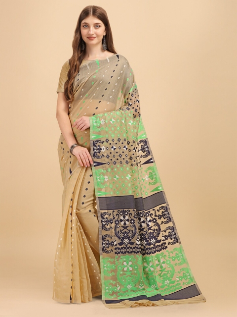 

Wuxi Khaki & Green Floral Zari Pure Cotton Jamdani Saree