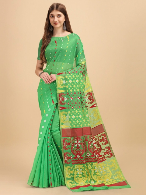 

Wuxi Lime Green & Red Woven Design Pure Cotton Jamdani Saree