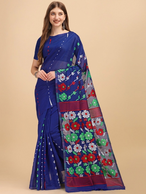 

Wuxi Blue & Green Woven Design Zari Pure Cotton Jamdani Saree