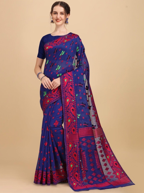 

Wuxi Blue & Red Ethnic Motifs Pure Cotton Jamdani Saree