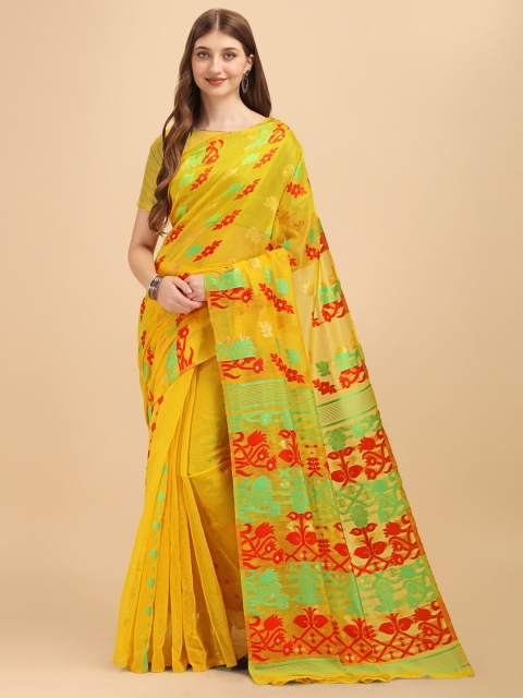 

Wuxi Yellow & Red Floral Zari Pure Cotton Jamdani Saree