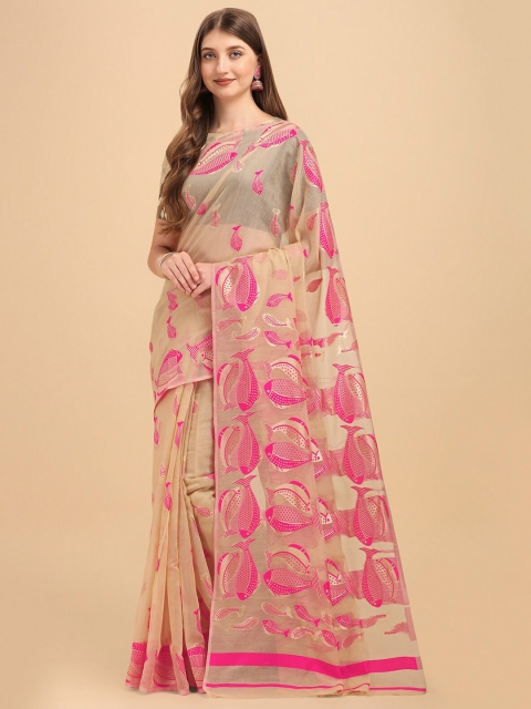 

Wuxi Cream-Coloured & Pink Woven Design Pure Cotton Jamdani Saree