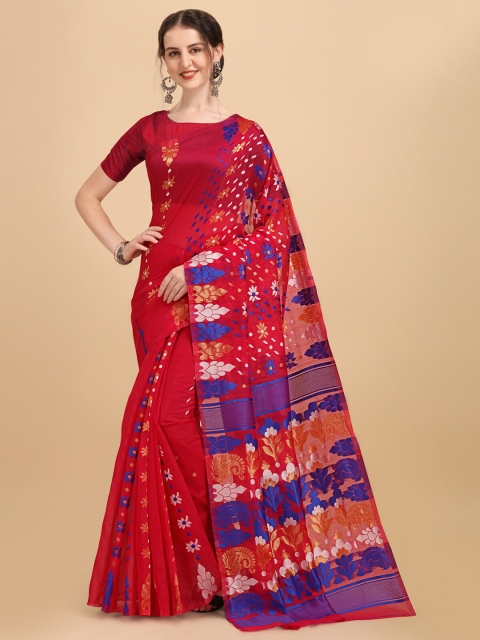 

Wuxi Red & Blue Woven Design Zari Pure Cotton Jamdani Saree