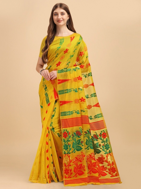 

Wuxi Yellow & Green Ethnic Motifs Zari Pure Cotton Jamdani Saree