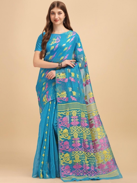 

Wuxi Teal & Pink Woven Design Pure Cotton Jamdani Saree