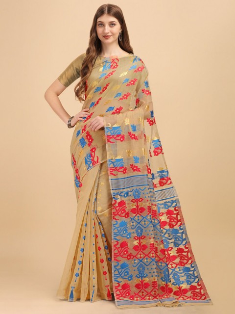 

Wuxi Cream-Coloured & Red Woven Design Pure Cotton Jamdani Saree