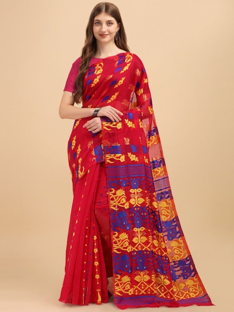 

Wuxi Women Pink & Blue Woven Design Pure Cotton Jamdani Saree