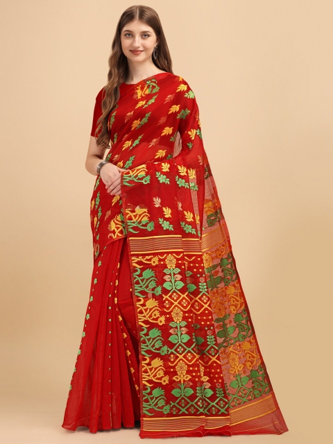 

Wuxi Red & Green Woven Design Pure Cotton Jamdani Saree