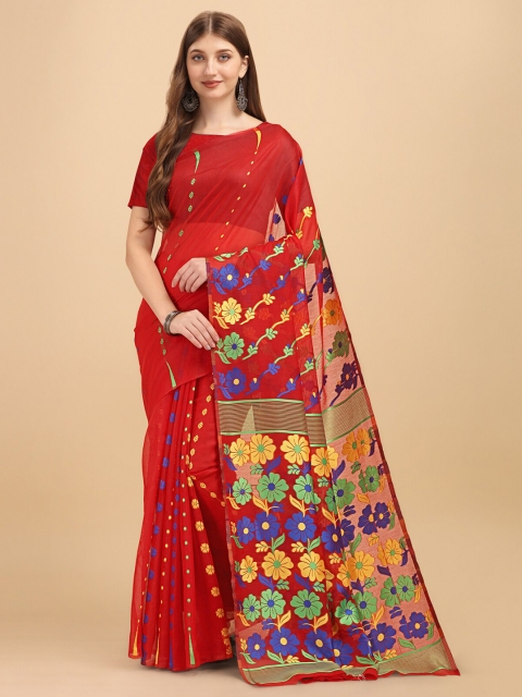 

Wuxi Red & Blue Woven Design Zari Pure Cotton Jamdani Saree