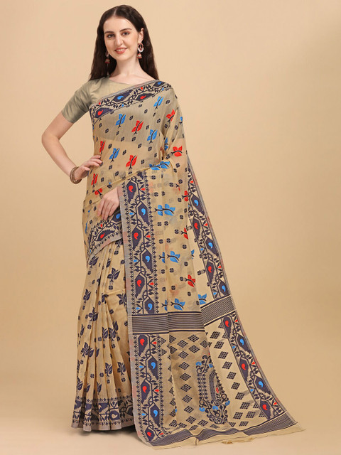 

Wuxi Cream-Coloured & Blue Woven Design Pure Cotton Jamdani Saree