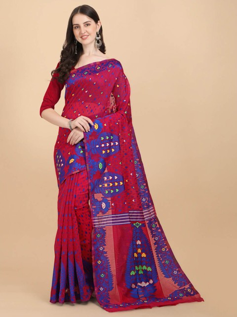 

Wuxi Women Red & Blue Woven Design Pure Cotton Jamdani Saree