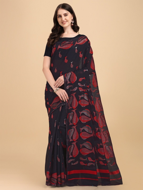 

Wuxi Women Black & Red Woven Fish Design Pure Cotton Jamdani Saree