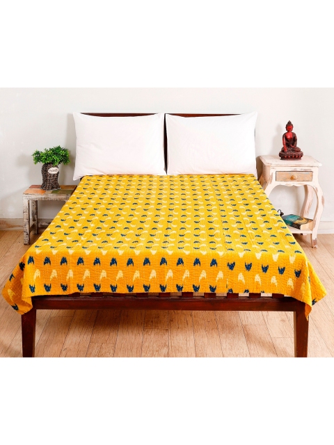 

HANDICRAFT PALACE Mustard Yellow Ikat Kantha Quilted Cotton Single Bed Cover