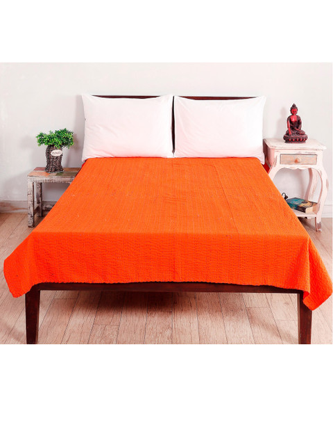 

HANDICRAFT PALACE Orange Kantha Work Quilted Cotton Single Bed Cover