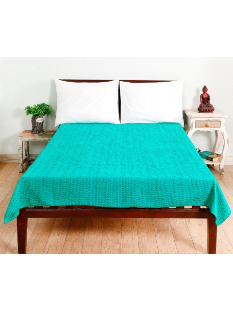 

HANDICRAFT PALACE Green Solid Kantha Quilted Cotton Single Bed Cover