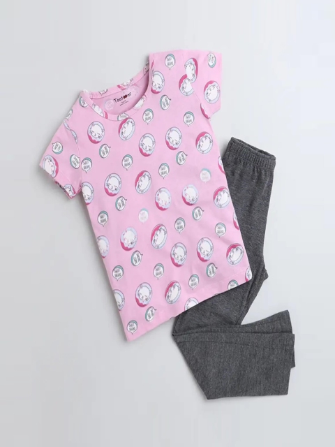 

Taatoom Girls Pink & Grey Printed Night suit