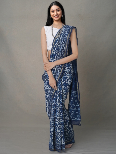 

Unnati Silks Blue & Off White Dabu Silk Cotton Chanderi Saree
